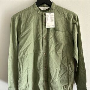H&M Boy’s Olive Green Button Up Linen Blend Shirt Sz 10/11 NWT